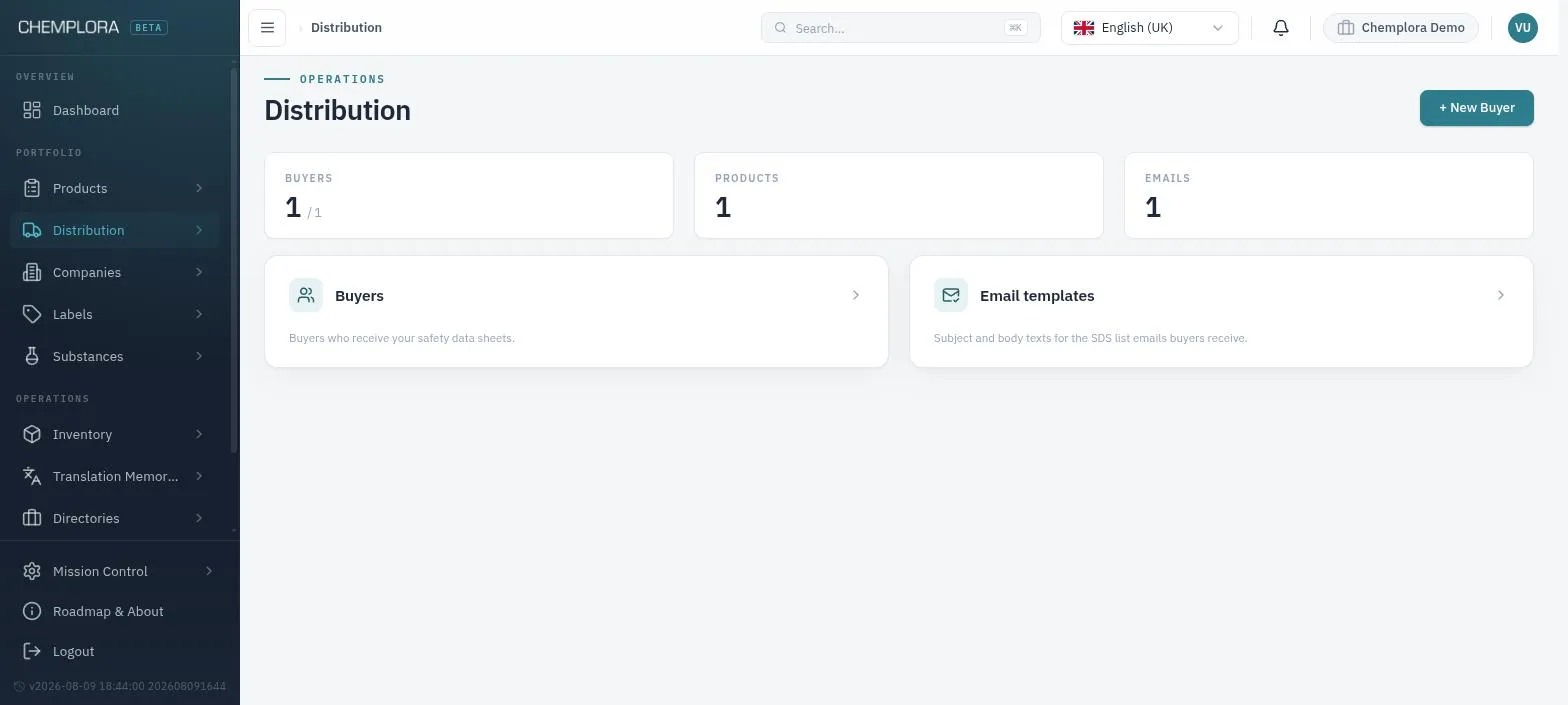 SDS distribution dashboard showing delivery channels and customer portal