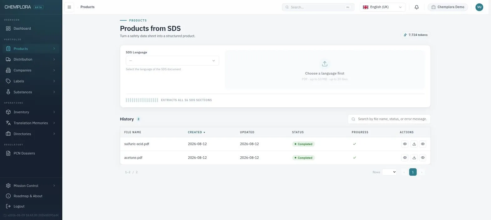 SDS PDF import interface showing PDF upload and extracted data